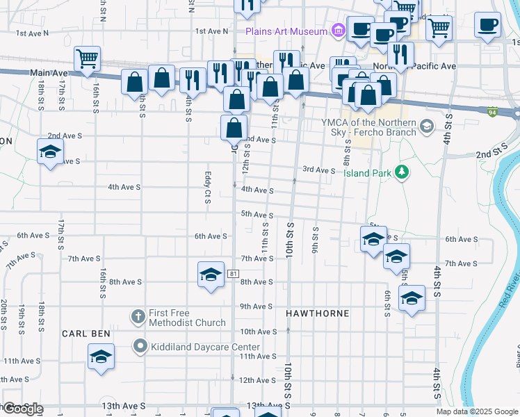 map of restaurants, bars, coffee shops, grocery stores, and more near 1104 4th Avenue South in Fargo
