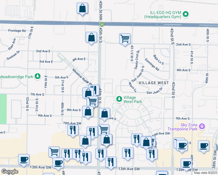map of restaurants, bars, coffee shops, grocery stores, and more near 512 45th Street South in Fargo