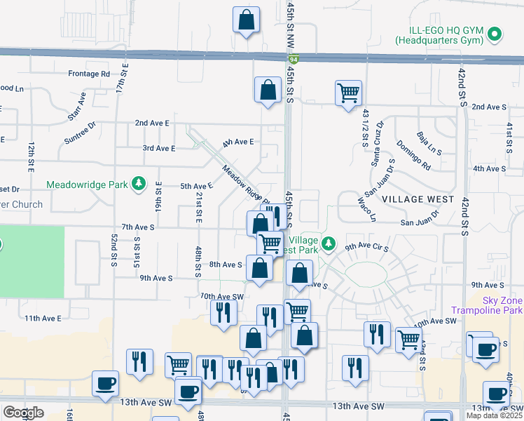 map of restaurants, bars, coffee shops, grocery stores, and more near 556 23rd Street East in West Fargo