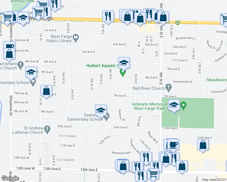 map of restaurants, bars, coffee shops, grocery stores, and more near 601 6th Street East in West Fargo