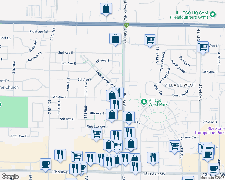 map of restaurants, bars, coffee shops, grocery stores, and more near 625 23rd Street East in West Fargo