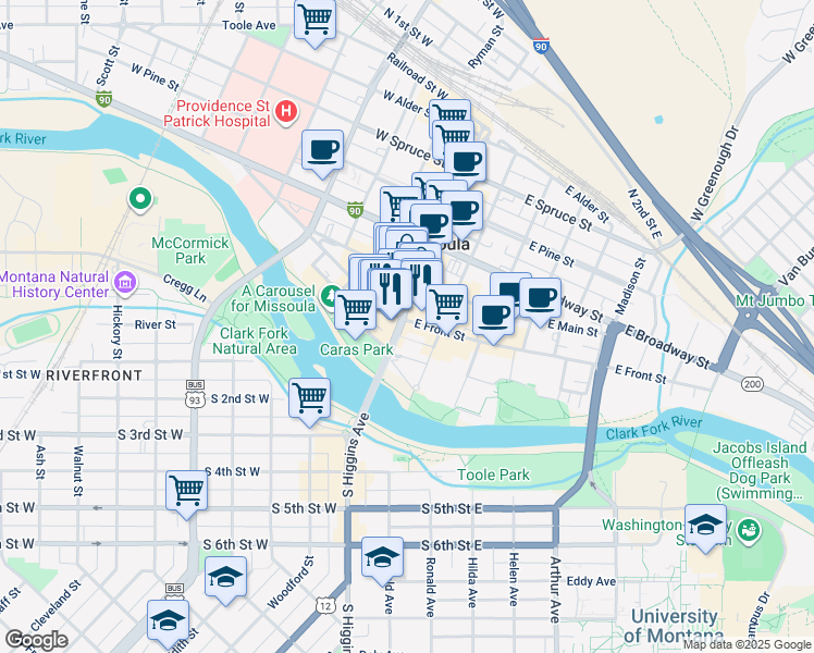 map of restaurants, bars, coffee shops, grocery stores, and more near 101 East Front Street in Missoula