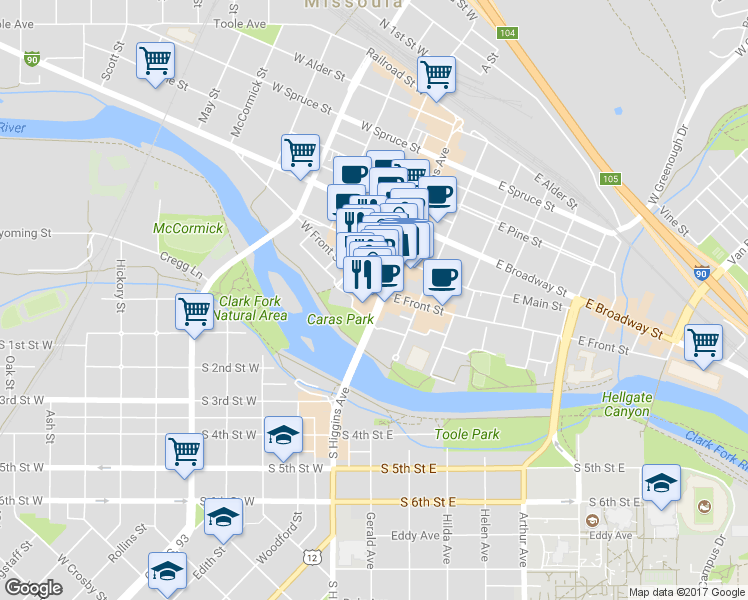map of restaurants, bars, coffee shops, grocery stores, and more near 101 South Higgins Avenue in Missoula