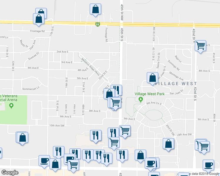 map of restaurants, bars, coffee shops, grocery stores, and more near 625 23rd Street East in West Fargo