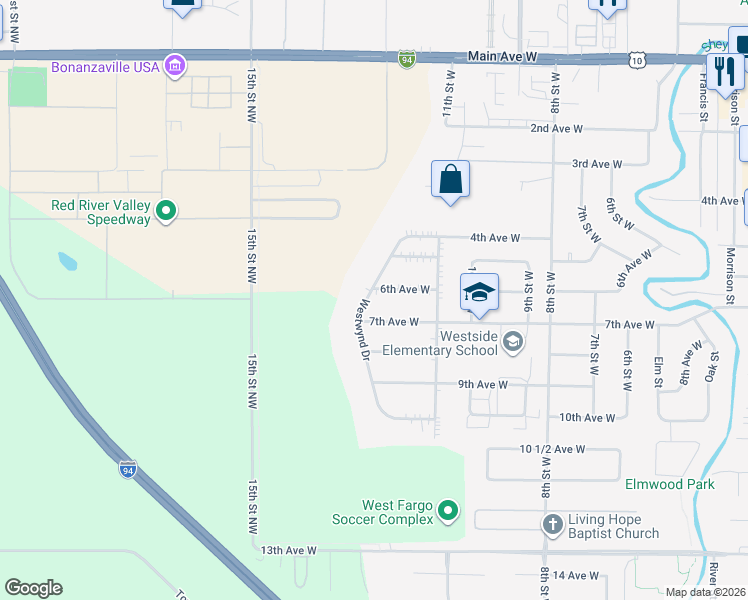 map of restaurants, bars, coffee shops, grocery stores, and more near 538 Westwynd Dr in West Fargo