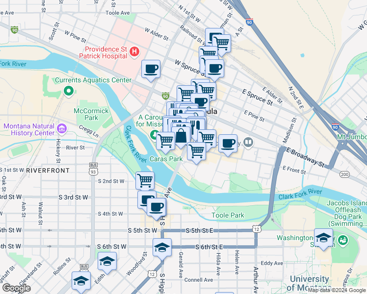 map of restaurants, bars, coffee shops, grocery stores, and more near 115 West Main Street in Missoula