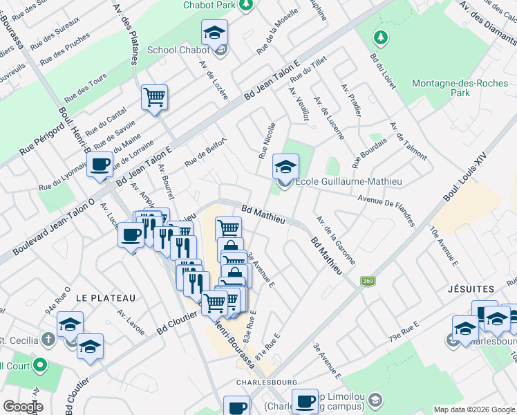 map of restaurants, bars, coffee shops, grocery stores, and more near 8600 Boulevard Mathieu in Québec