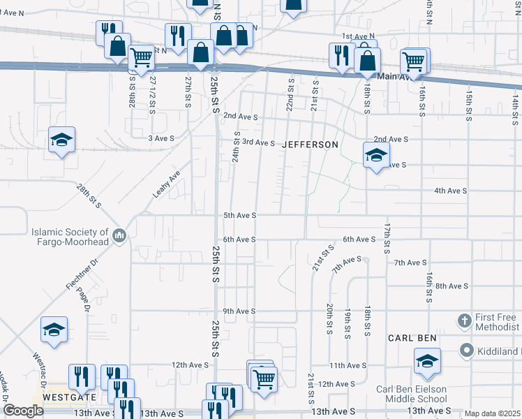map of restaurants, bars, coffee shops, grocery stores, and more near 470 23rd Street South in Fargo