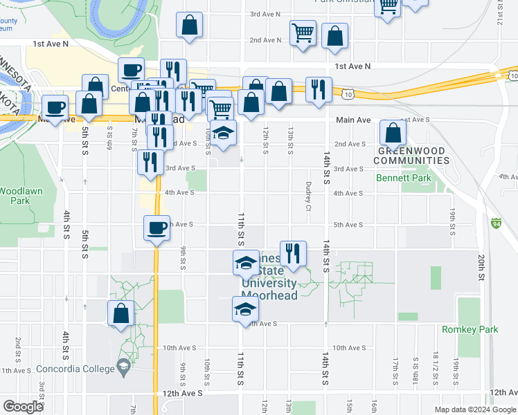 map of restaurants, bars, coffee shops, grocery stores, and more near 415 12th Street South in Moorhead