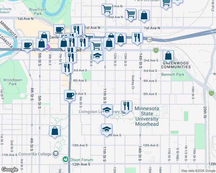 map of restaurants, bars, coffee shops, grocery stores, and more near 416 11th Street South in Moorhead