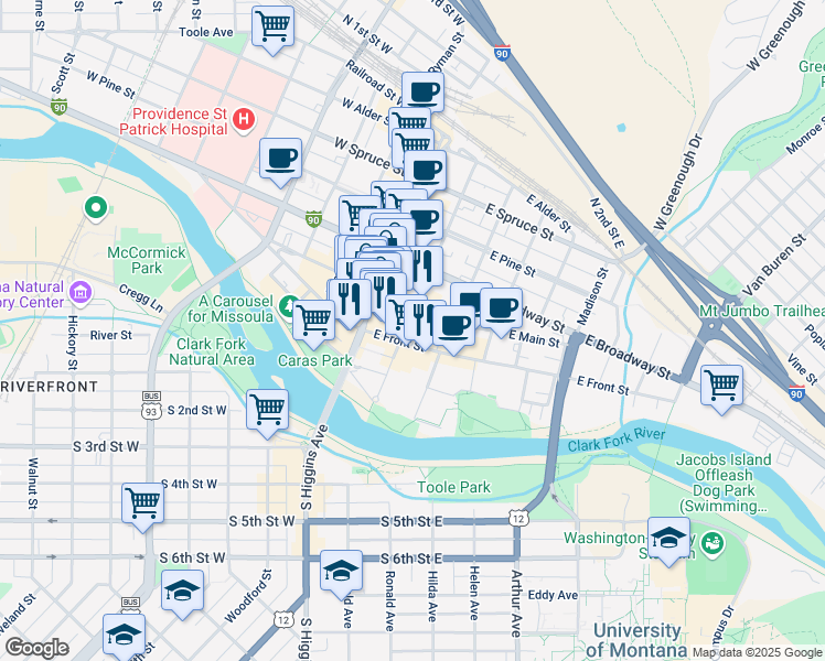 map of restaurants, bars, coffee shops, grocery stores, and more near 120 North Pattee Street in Missoula