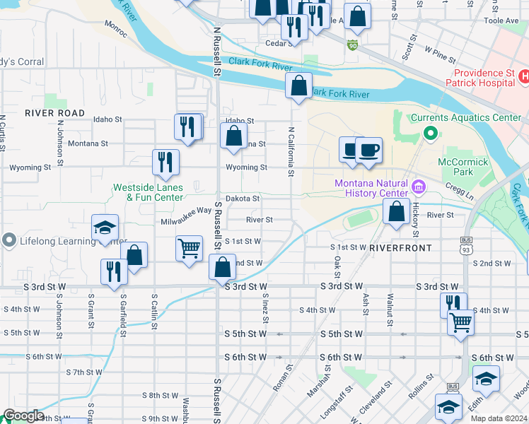 map of restaurants, bars, coffee shops, grocery stores, and more near 110 South Inez Street in Missoula