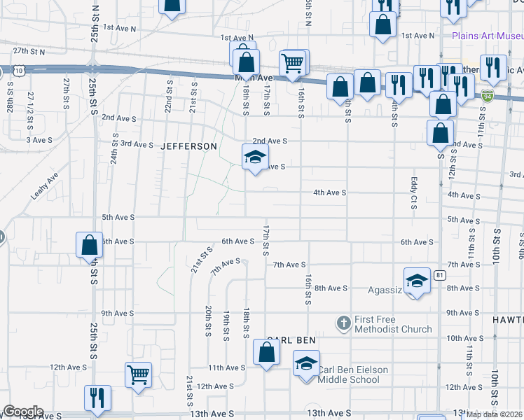 map of restaurants, bars, coffee shops, grocery stores, and more near 1626 4th Avenue South in Fargo
