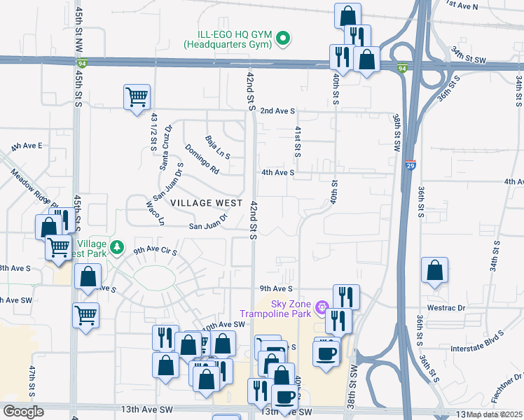 map of restaurants, bars, coffee shops, grocery stores, and more near 522 42nd St S in Fargo
