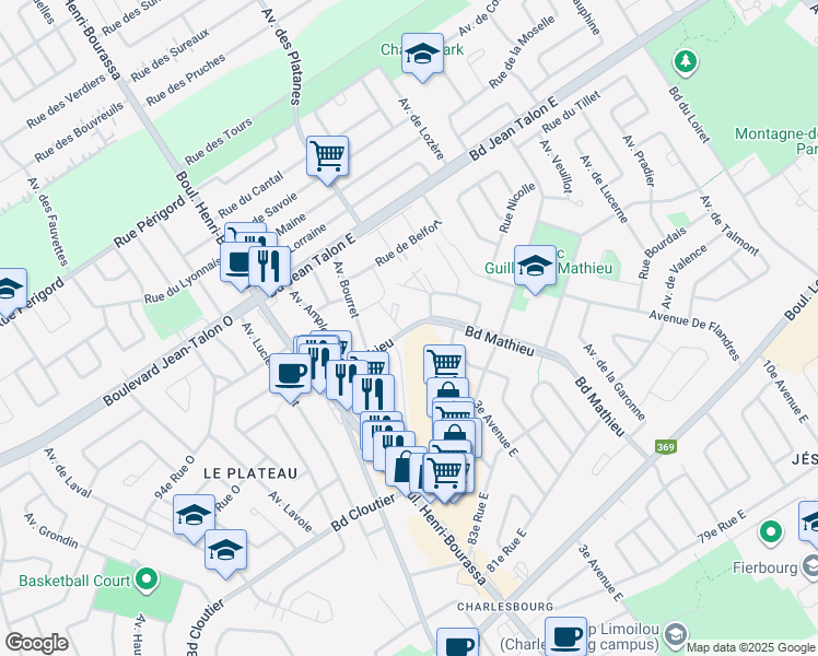map of restaurants, bars, coffee shops, grocery stores, and more near 9020 Boulevard Mathieu in Quebec