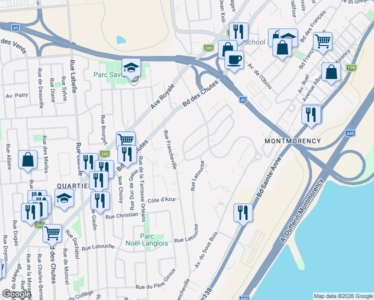 map of restaurants, bars, coffee shops, grocery stores, and more near 225 Rue Anne-Martin in Québec