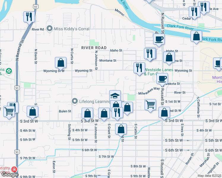 map of restaurants, bars, coffee shops, grocery stores, and more near 116 North Grant Street in Missoula