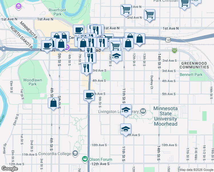 map of restaurants, bars, coffee shops, grocery stores, and more near 403 10th Street South in Moorhead