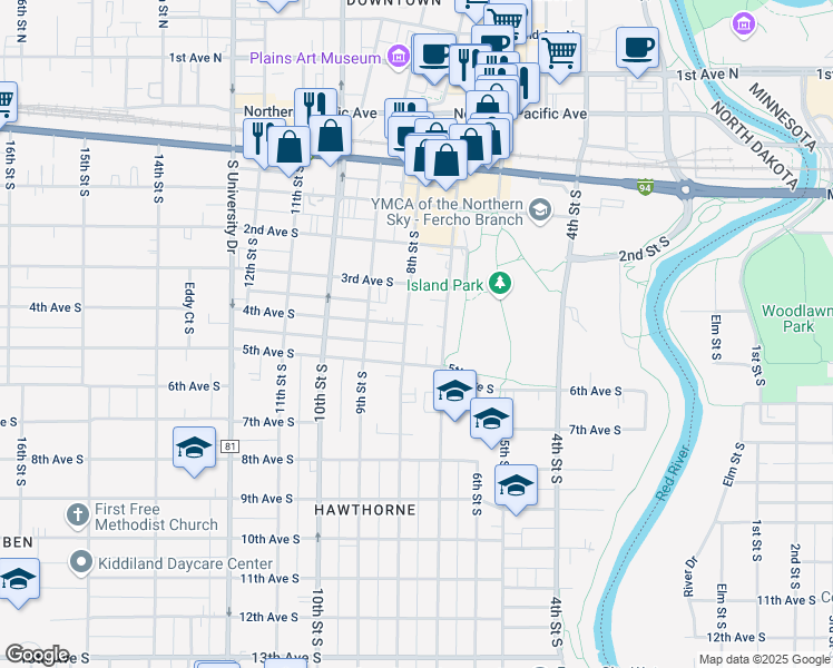 map of restaurants, bars, coffee shops, grocery stores, and more near 325 7th Street South in Fargo