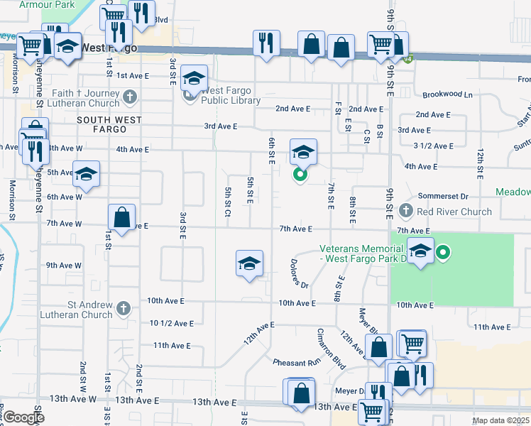 map of restaurants, bars, coffee shops, grocery stores, and more near 537 5th Street East in West Fargo