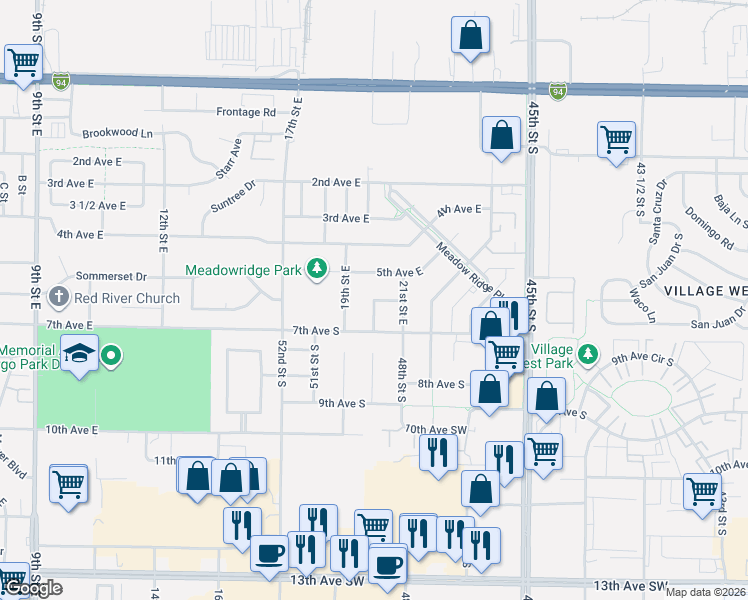 map of restaurants, bars, coffee shops, grocery stores, and more near 2000 6th Avenue East in West Fargo