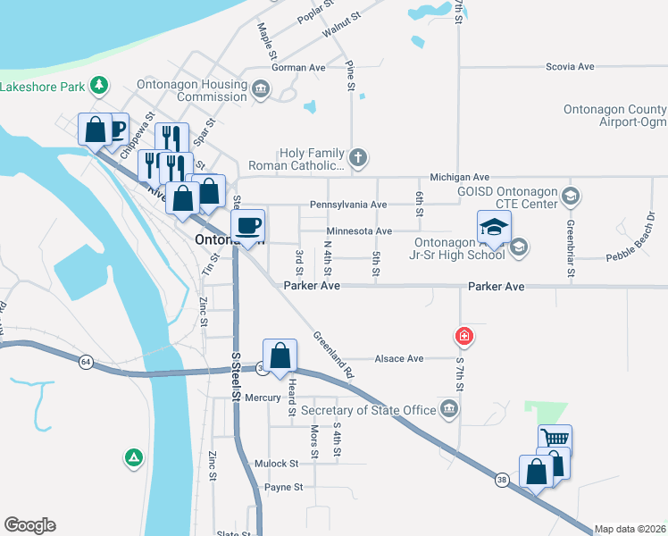 map of restaurants, bars, coffee shops, grocery stores, and more near 401-435 Wisconsin Avenue in Ontonagon