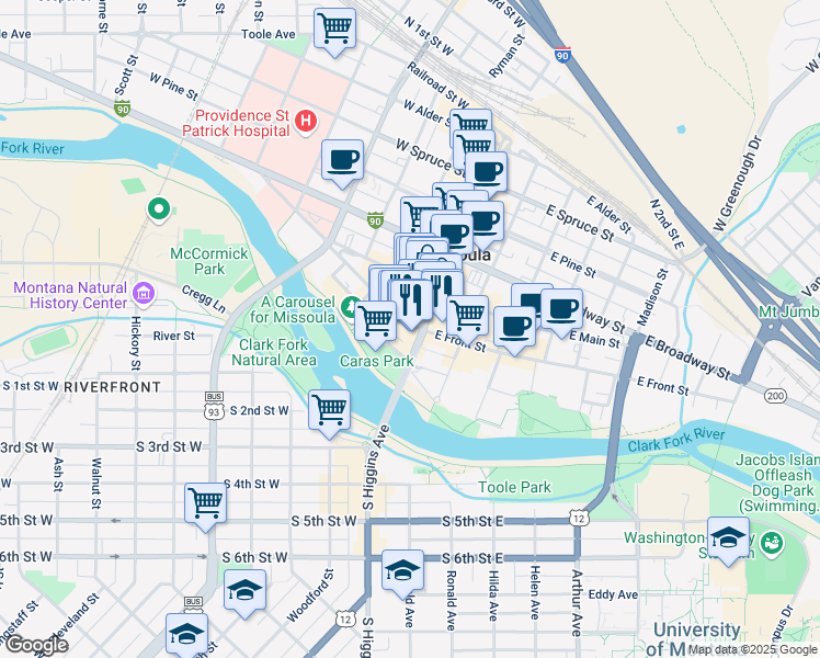 map of restaurants, bars, coffee shops, grocery stores, and more near 113 West Front Street in Missoula