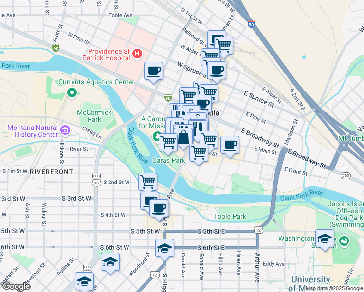 map of restaurants, bars, coffee shops, grocery stores, and more near 115 West Main Street in Missoula