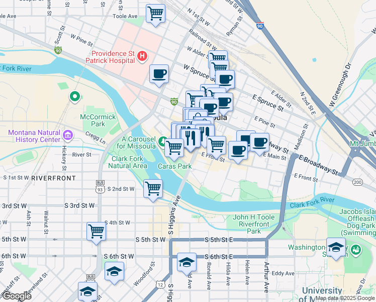 map of restaurants, bars, coffee shops, grocery stores, and more near 115 West Main Street in Missoula