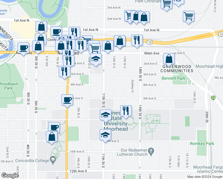 map of restaurants, bars, coffee shops, grocery stores, and more near 409 12th Street South in Moorhead