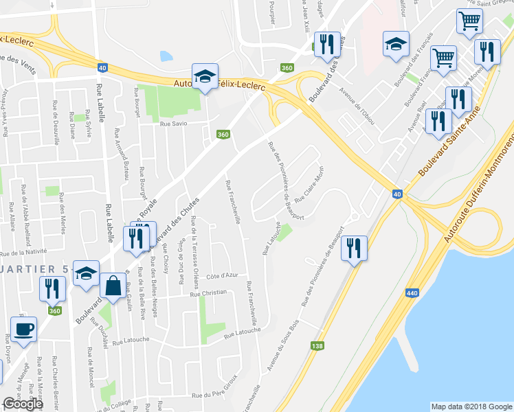 map of restaurants, bars, coffee shops, grocery stores, and more near 225 Rue Anne-Martin in Quebec