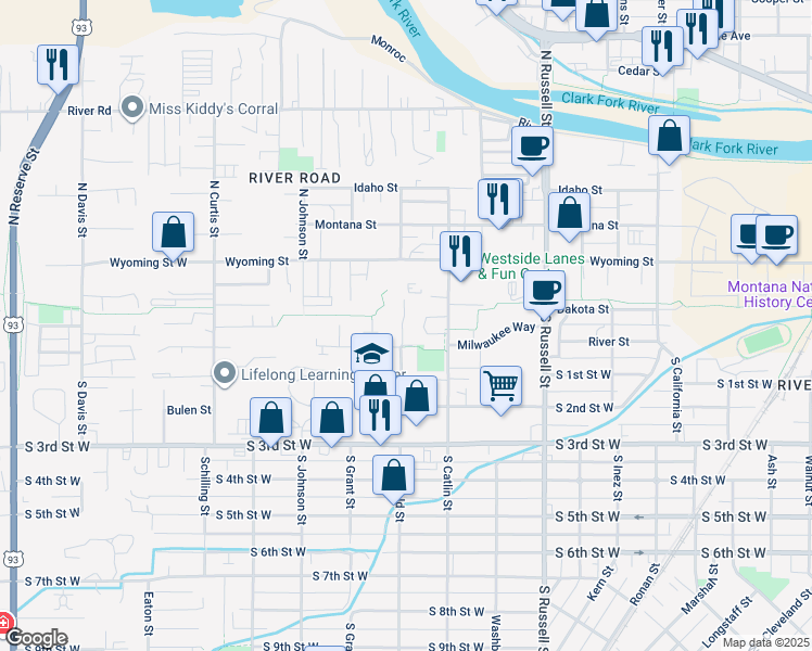 map of restaurants, bars, coffee shops, grocery stores, and more near 112 South Garfield Street in Missoula