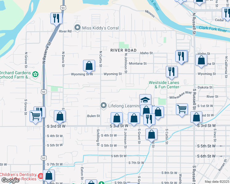 map of restaurants, bars, coffee shops, grocery stores, and more near Milwaukee Trail in Missoula