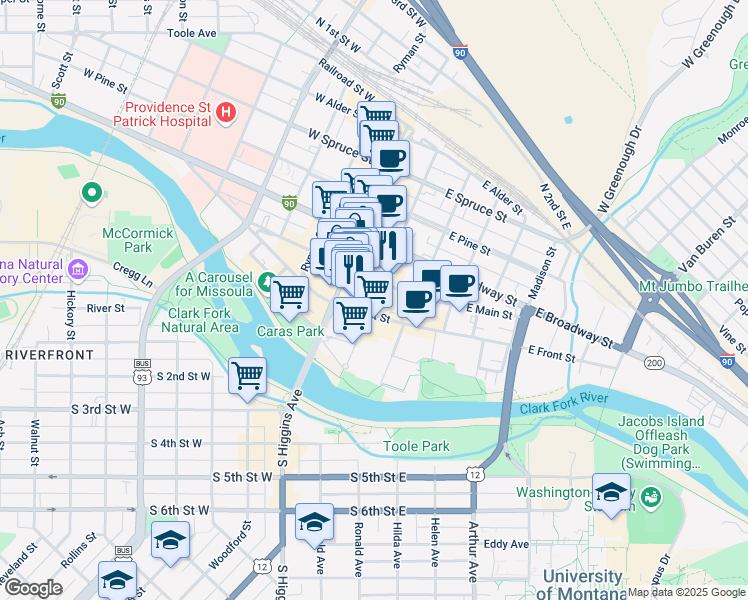 map of restaurants, bars, coffee shops, grocery stores, and more near 120 North Pattee Street in Missoula