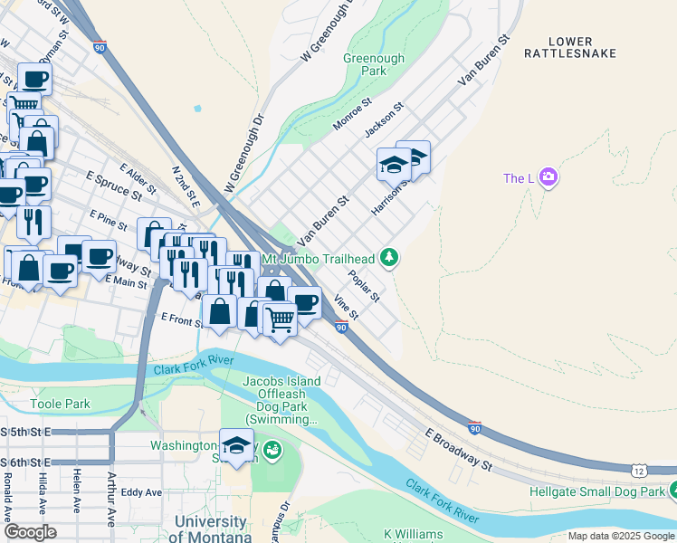 map of restaurants, bars, coffee shops, grocery stores, and more near 1007 Poplar Street in Missoula
