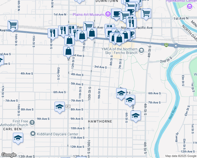 map of restaurants, bars, coffee shops, grocery stores, and more near in Fargo