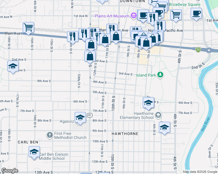 map of restaurants, bars, coffee shops, grocery stores, and more near 1006 4th Avenue South in Fargo