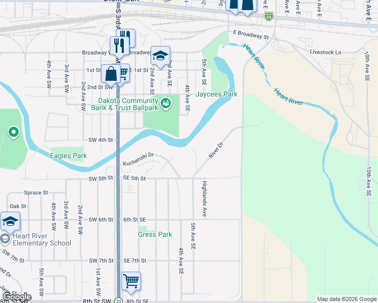map of restaurants, bars, coffee shops, grocery stores, and more near Kuchenski Drive in Dickinson