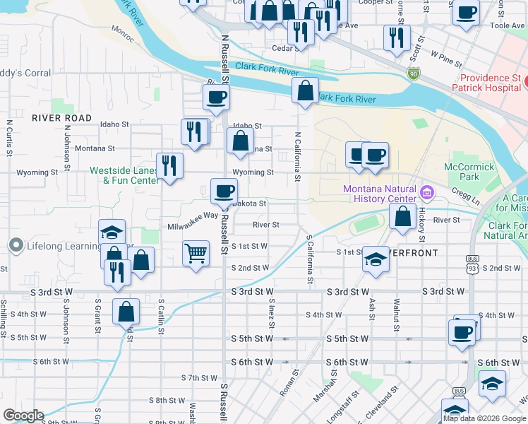 map of restaurants, bars, coffee shops, grocery stores, and more near 1335 Dakota Street in Missoula