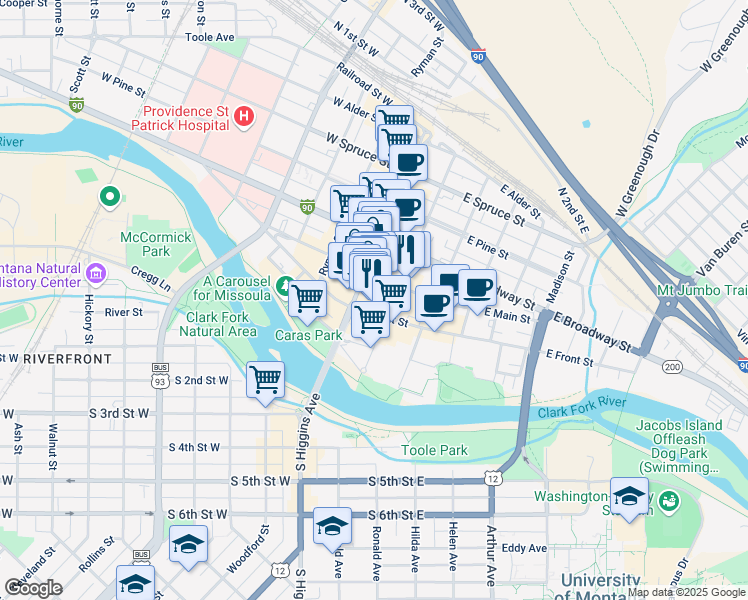 map of restaurants, bars, coffee shops, grocery stores, and more near 127 East Main Street in Missoula