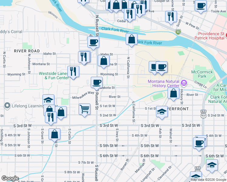 map of restaurants, bars, coffee shops, grocery stores, and more near 1335 Dakota Street in Missoula