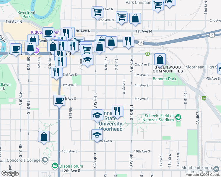 map of restaurants, bars, coffee shops, grocery stores, and more near 1211 4th Ave S in Moorhead