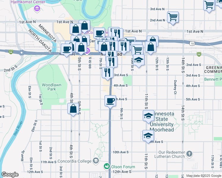map of restaurants, bars, coffee shops, grocery stores, and more near 404 8th Street South in Moorhead
