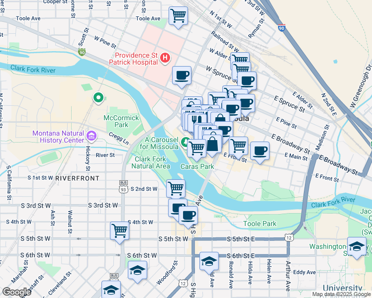 map of restaurants, bars, coffee shops, grocery stores, and more near 101 Carousel Drive in Missoula