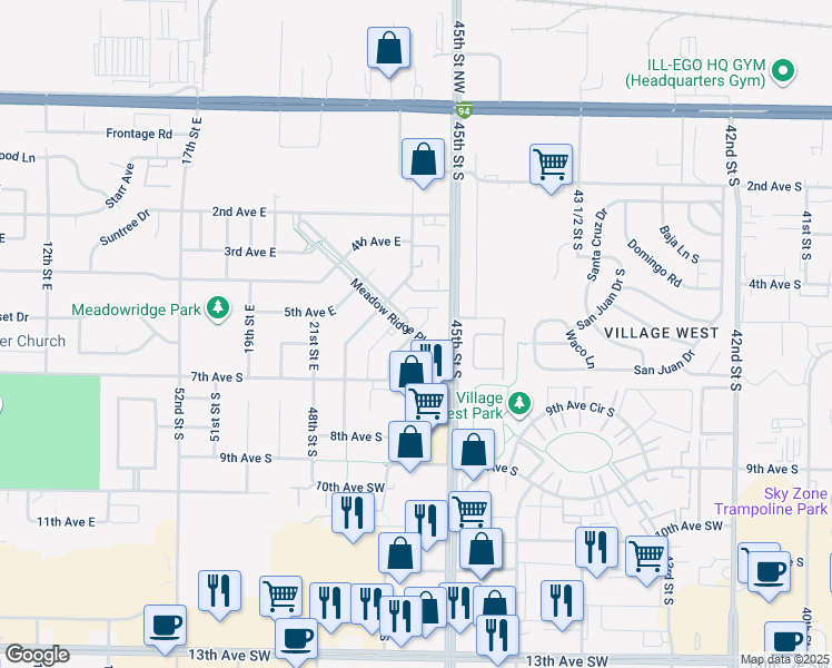 map of restaurants, bars, coffee shops, grocery stores, and more near 2255 Meadow Ridge Parkway in West Fargo