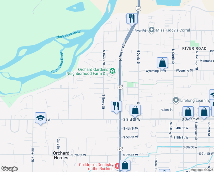 map of restaurants, bars, coffee shops, grocery stores, and more near 100 S Grove St in Missoula