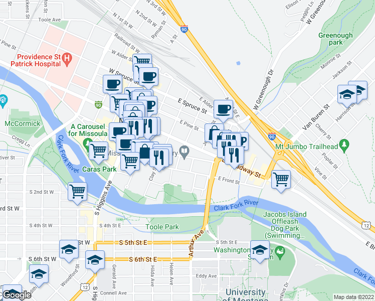 map of restaurants, bars, coffee shops, grocery stores, and more near 200 North Adams Street in Missoula