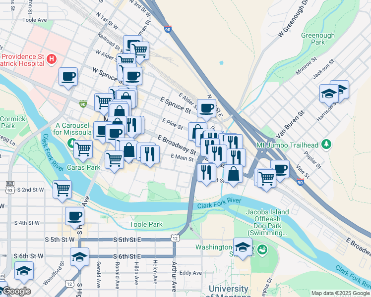 map of restaurants, bars, coffee shops, grocery stores, and more near 300 Jefferson Street in Missoula