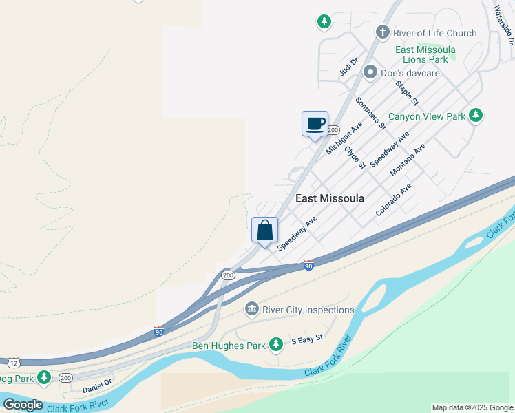 map of restaurants, bars, coffee shops, grocery stores, and more near 270 Jumbo Vista Way in Missoula