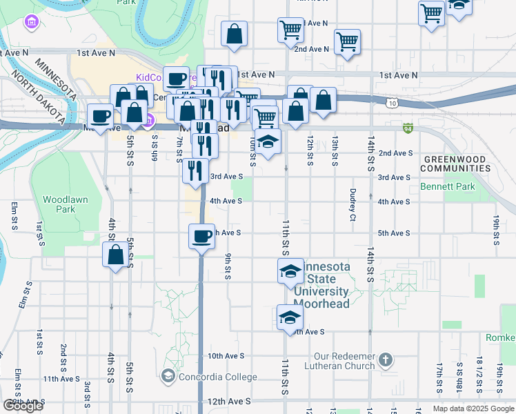 map of restaurants, bars, coffee shops, grocery stores, and more near 403 10th Street South in Moorhead